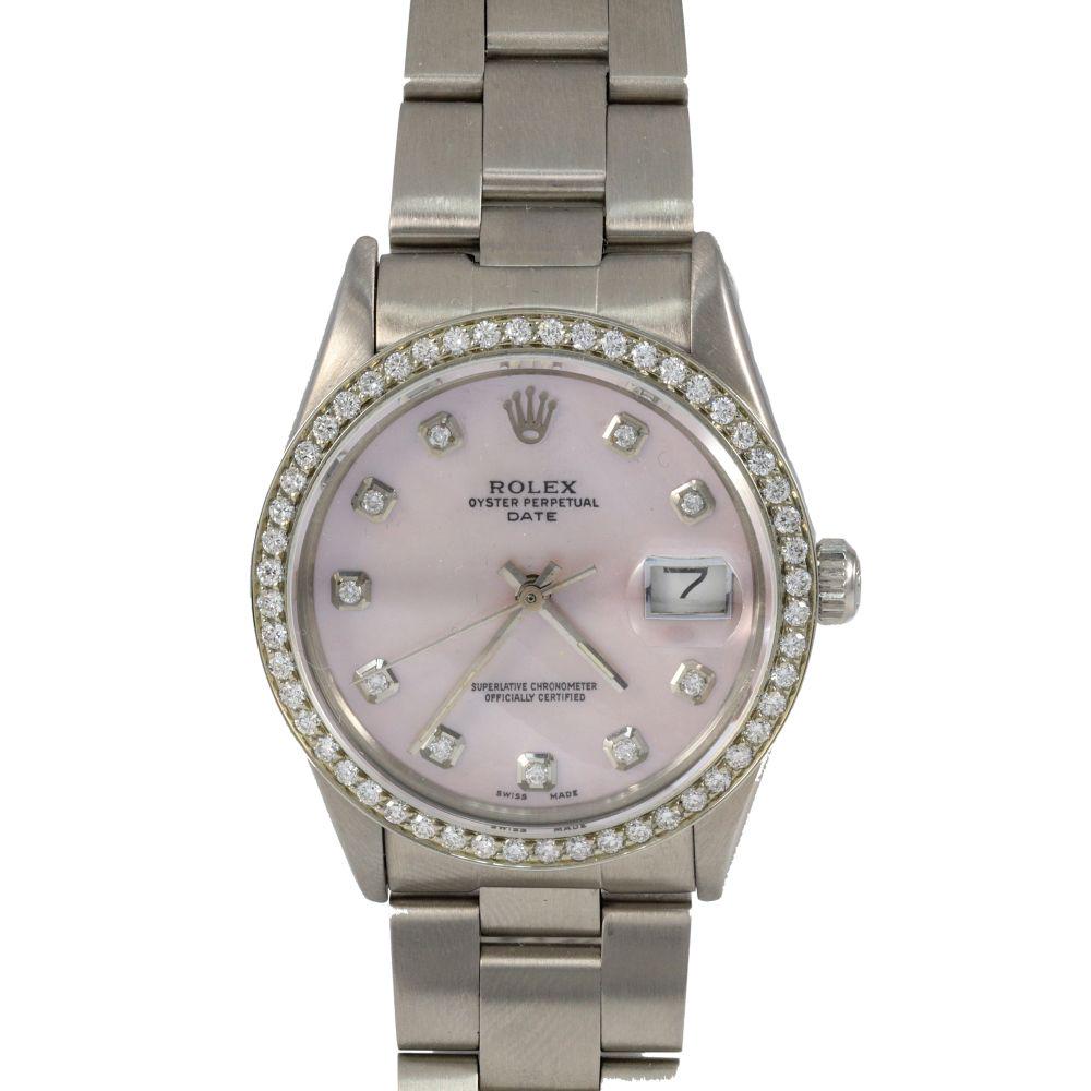 Authentic ROLEX DATE 34mm Stainless Steel Oyster: Brand: Rolex Model: DATE REF# 15000 Case Metal: STAINLESS STEEL Case Size: 34MM Bracelet Material: STAINLESS STEEL OYSTER Bracelet Bracelet size: fits up to 7.5 inches long CIRCA: 1983 Dial: LIGHT PIN