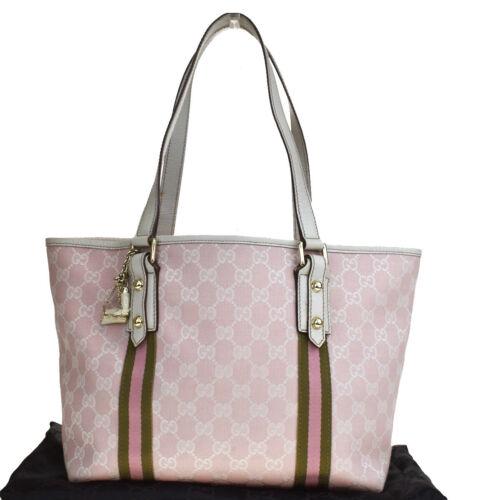 Authentic GUCCI Shelly Shoulder Tote Bag Canvas Leather: Brand: Gucci Bag Width: 11.0 Material: Leather Canvas Bag Height: 8.7 Style: Shoulder Bag Bag Depth: 5.1 Color: Pink Country/Region of Manufacture: Italy Department: Women Strap Drop: 8.3 Size: Medium