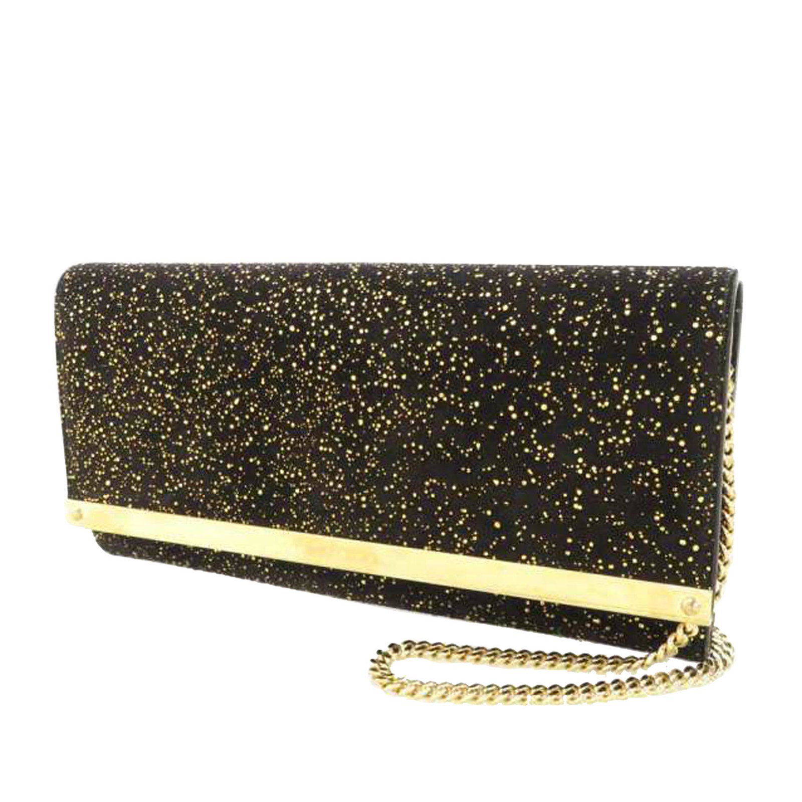 Authentic Jimmy Choo Milla Glitter Leather Wallet On: The Milla Glitter features a leather body with gold-tone hardware a gold tone chain strap a front flap with a magnetic snap button closure and an interior zip and slip pocket. Brand: Jimmy Choo Model: