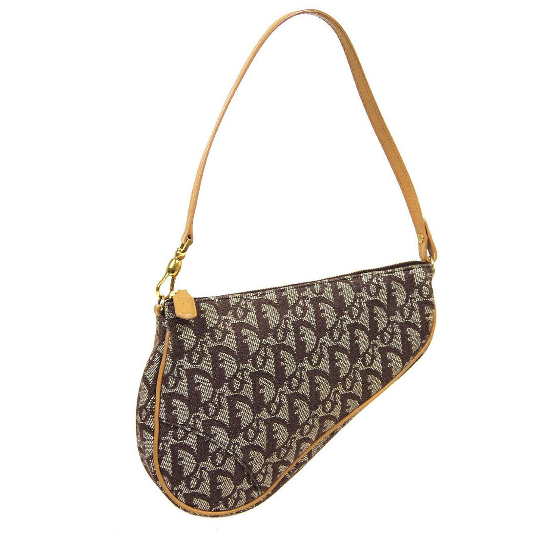 Authentic CHRISTIAN DIOR Saddle Bag Pouch: Brand: CHRISTIAN DIOR Model: Saddle Bag Pouch Country of Origin: Spain Material: Nylon Color: Brown Size (Inch): W 8.3 x H 5.9 x D 1.6 " Strap Drop. 7.5 " Size (CM): W 21.0 x H 15.0 x D 4.0 cm Strap D