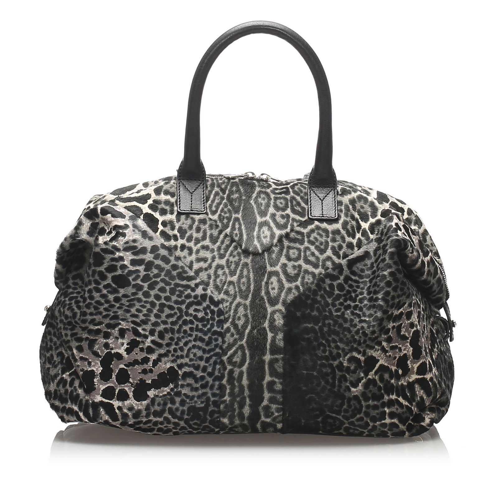 Authentic YSL Leopard Easy Pony Hair Handbag: The Easy handbag features pony hair body with leather trim rolled leather handles a top zip closure and interior zip and slip pockets. Brand: YSL Model: Leopard Easy Pony Hair Handbag Origin: France C