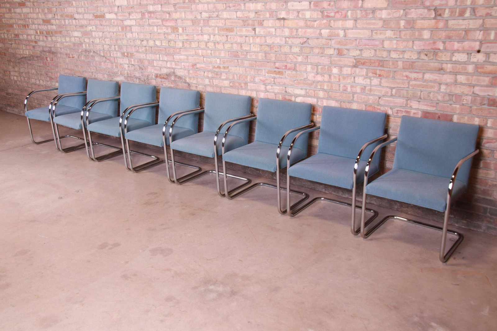 Mies Van Der Rohe Brno Club Chairs Set of Eight: A stylish set of eight mid-century modern "Brno" club chairs Designed by Ludwig Mies Van der Rohe and produced by Gordon International USA 20th Century Measures: 21.75"W x 23.75"D x 31.5"H. Seat heigh
