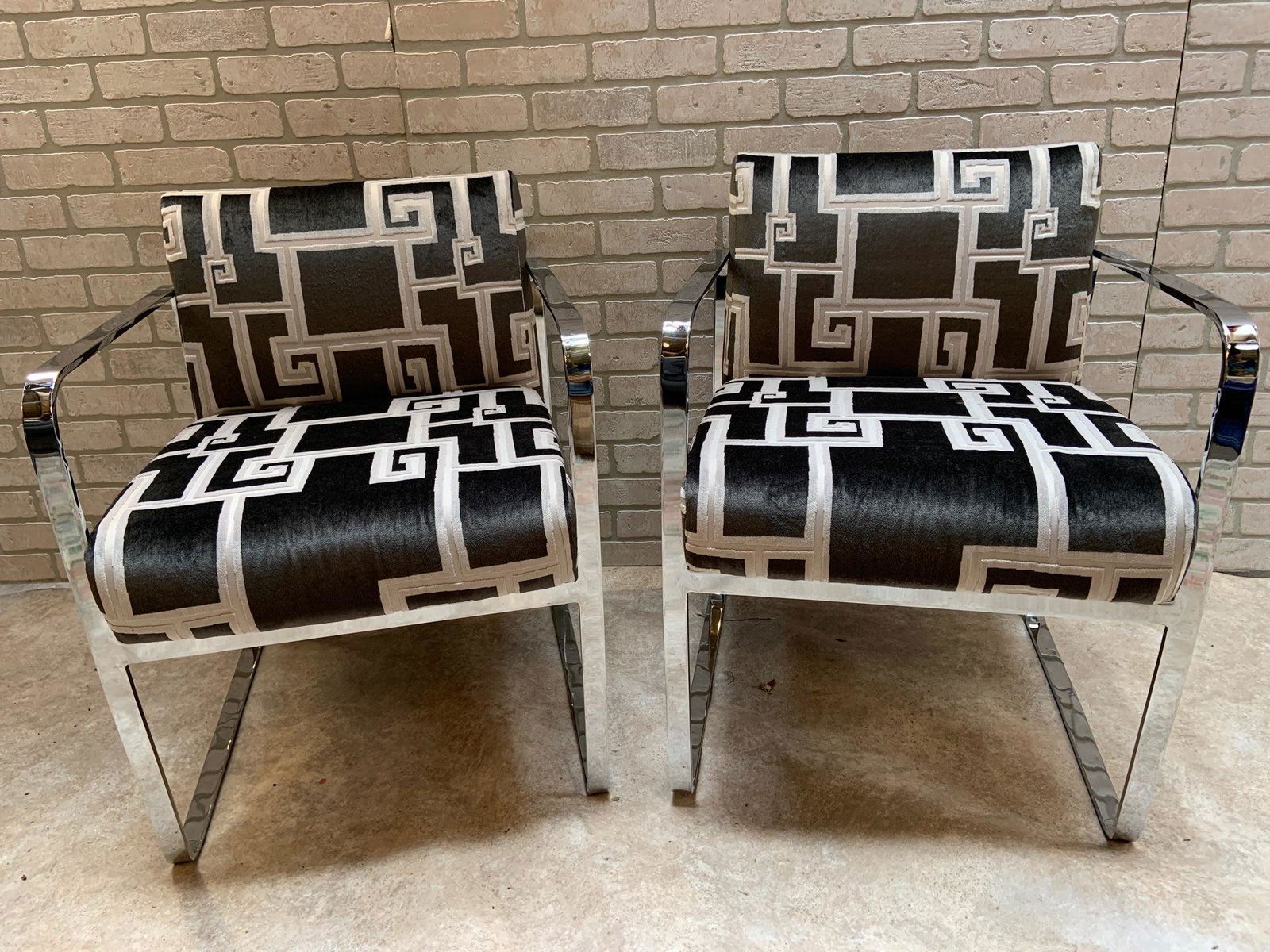 Mid Century Modern Brueton Flat Bar Frame Lounge Chairs: Mid Century Modern Brueton Flat Bar Stainless Steel Frame Lounge Chairs Newly Upholstered in a High End Textured Velvet - Pair This classic Brueton designed is commonly compare to the Brno Chair by Mi