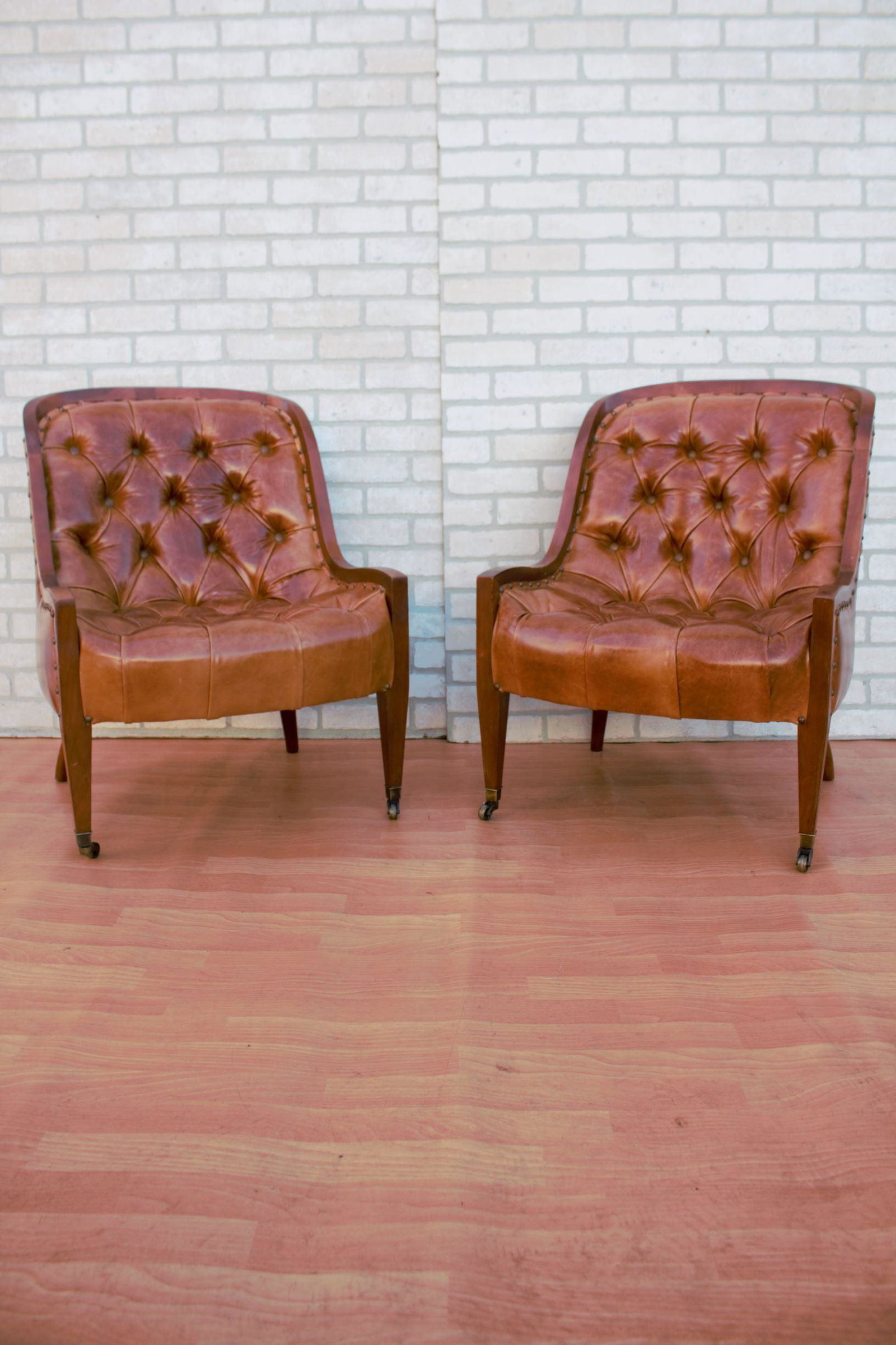 Victorian French Country Tufted Library Slipper Chair: Victorian French Country Tufted Library Slipper Chair Newly Upholstered in a High End Italian Distressed Cognac Leather H 31” W 23” D 22” Seat H 15” Great vintage condition All
