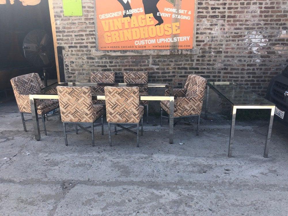 Mid Century Modern Milo Baughman Dining Set Includes:: Mid Century Modern Milo Baughman Dining Set Includes: Sideboard Dining Table and 6 Dining Chairs - 8 Piece Set The 6 chairs are sold as it! Circa 1970 4 Chairs H 36 W 20 D 21 Seat H 20 2 Armchairs H 3