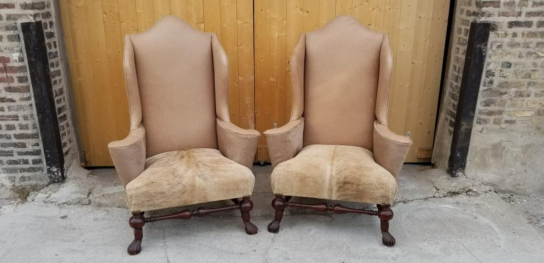 Baker Stately Homes Collection High Back Wingback: Baker Stately Homes Collection Mahogany High Back Wingback Chairs Newly Upholstered In High End Natural Leather and Hair-on Cowhide - Pair Gorgeous Oversized High Back Chippendale Style Wingback Chair