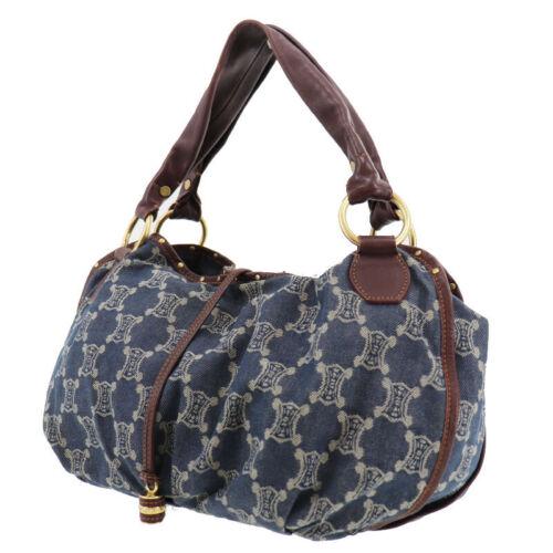 Authentic CELINE Paris Macadam Pattern Hand Bag Blue: Size: Medium Bag Depth: 4.7 Country/Region of Manufacture: China Bag Width: 16.5 Style: Handbag Handle/Strap Material: Leather Bag Height: 9.8 Lining Color: Blue Product Line: Macadam Inside Pockets:
