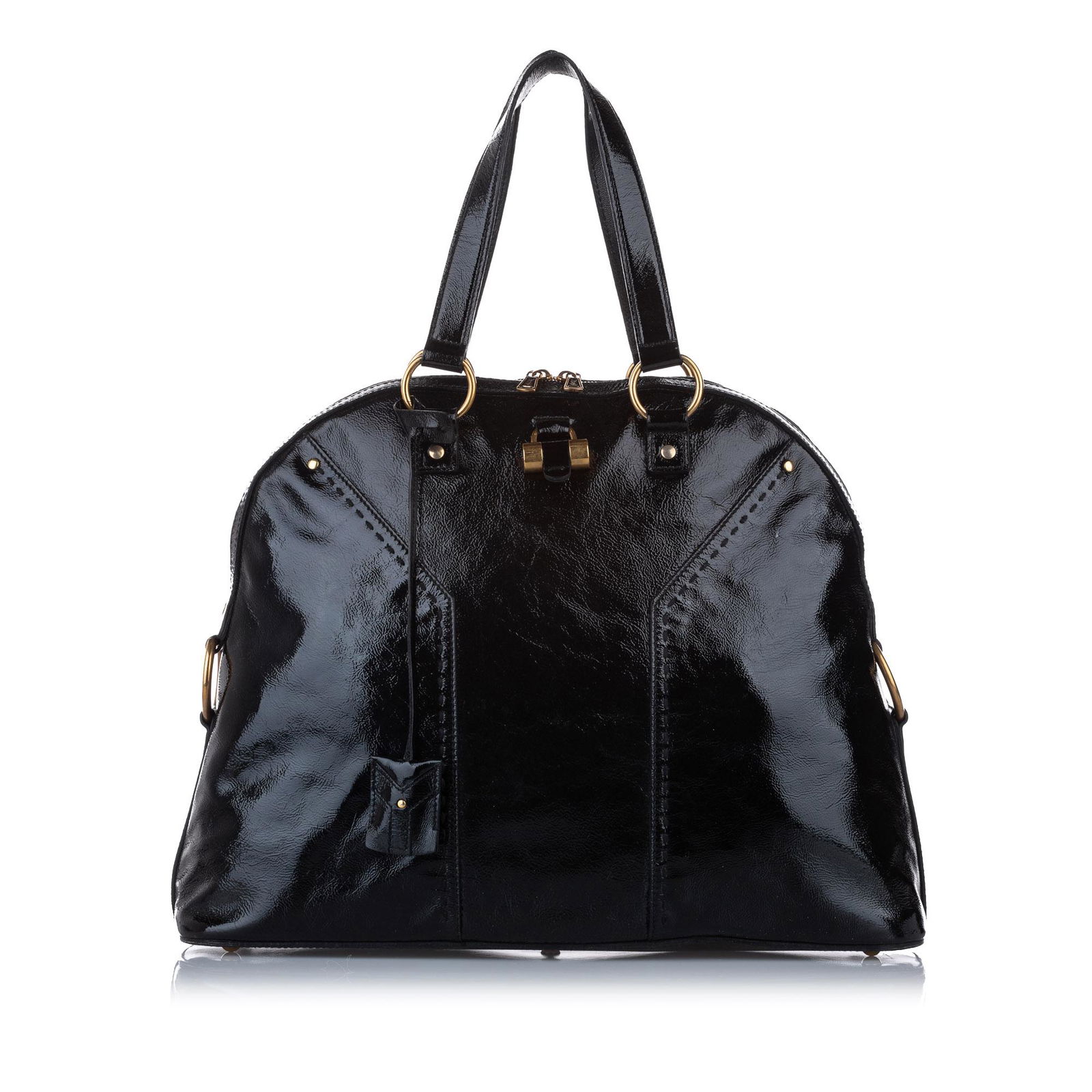 Authentic YSL Muse Patent Leather Handbag: The Muse features a patent leather body flat leather straps gold-tone hardware a clochette a top zip closure and an interior zip pocket. Brand: YSL Model: Muse Patent Leather Handbag Origin: Italy Cat