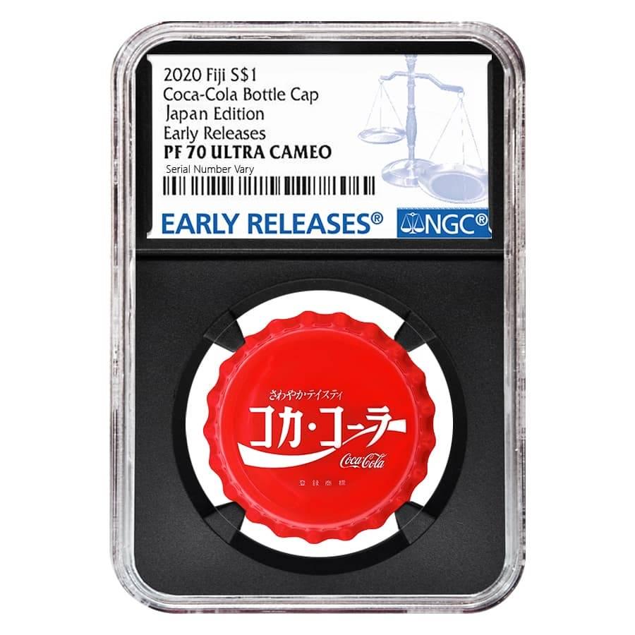 2020 6 gram Fiji Coca-Cola Japan Bottle Cap $1 Proof: You are bidding on the total lot which includes 1 of the following item: 2020 6 gram Fiji Coca-Cola Japan Bottle Cap $1 Proof Silver Coin NGC PF 70 Early Releases (Retro) Bidhaus now offers the 2020 6