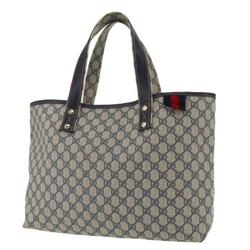 Authentic GUCCI GG Plus Web Stripe Tote Hand Bag Navy: Size: Medium Bag Depth: 4.3 Country/Region of Manufacture: Italy Handle/Strap Material: Canvas Style: Tote Lining Color: White Bag Height: 10.6 Inside Pockets: 1 Material: PVC Leather Outside Pockets: