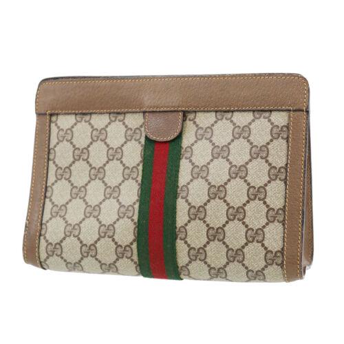 Authentic GUCCI GG Plus Web Stripe Clutch Bag Brown PVC: Size: Medium Closure: Velcro tape Department: Women Brand: Gucci Style: Clutch Bag Depth: 2.5in/ 6.5cm Bag Height: 6.2in/ 16.0cm Bag Width: 8.8in/ 22.5cm Material: PVC Leather Serial Number: 89.01.001