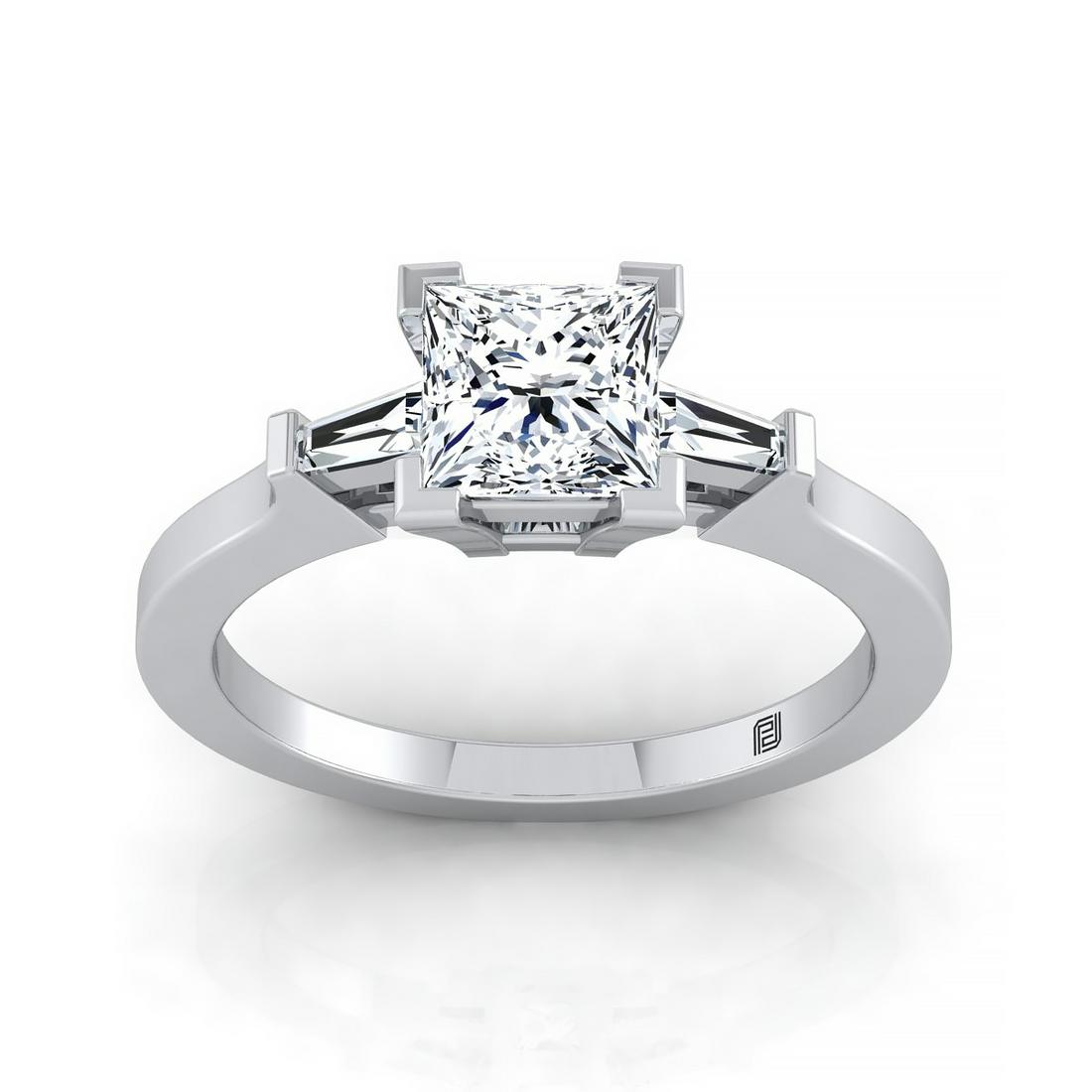 Princess Cut Diamond Solitaire Engagement Ring With: Understated Elegance, This Princess Cut Diamond Solitaire Engagement Ring Showcases Side Tapered Baguettes (0.16ctw) With A High Polished Squared Edge Shank In 14k White Gold 14k White Gold Engagement