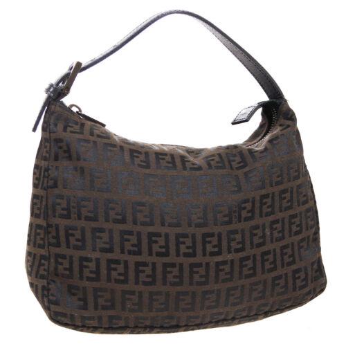 Authentic FENDI Zucchino Pattern Hand Bag Pouch Purse: Size: Small Pattern: Zucchino Accents: Logo Features: Adjustable Strap Model: Hand Bag Color: Dark Brown Black Country/Region of Manufacture: Italy MPN: Does not apply Style: Hand Bag Closure: Zip Fab