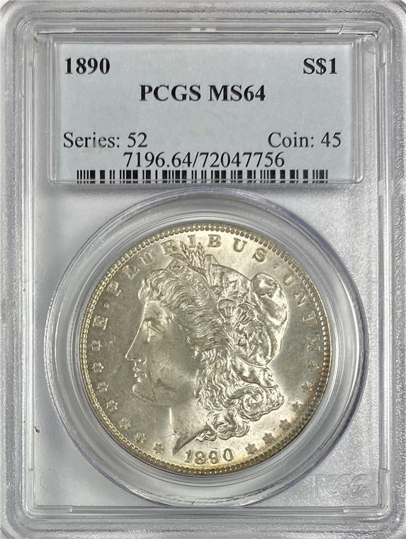 Morgan Silver Dollar: Morgan Silver Dollar Date: 1890 Cert: PCGS Grade: MS-64 Mint: None Denomination: $1 Notes:*** SERIES:52 COIN:45 All Bidhaus items come with a 100% money-back authenticity guarantee. ALL SALES ARE FINA