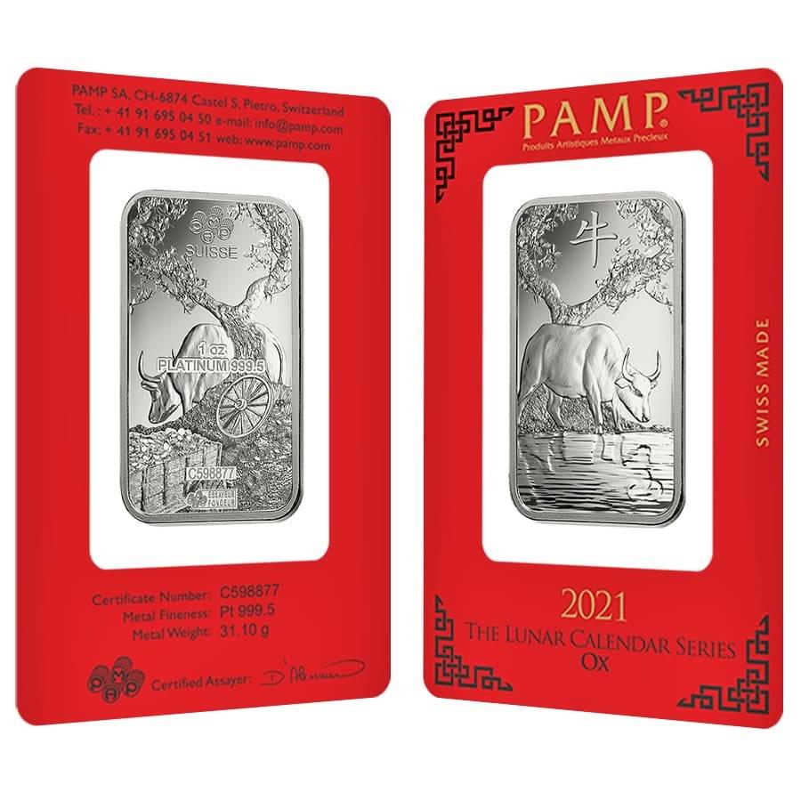 1 oz PAMP Suisse Year of the Ox Platinum Bar (In Assay): You are bidding on the total lot which includes 1 of the following item: 1 oz PAMP Suisse Year of the Ox Platinum Bar (In Assay) This 1 oz PAMP Suisse Year of the Ox Platinum Bar (In Assay) is only th