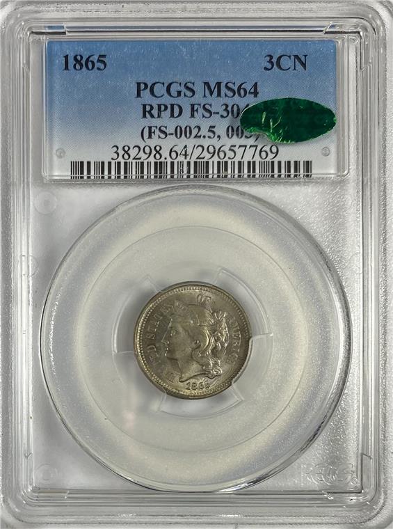 3 Cents: 3 Cents Date: 1865 Cert: PCGS Grade: MS-64 CAC Mint: None Denomination: $0.03 Notes:*** RPD FS-30 (FS-002.5 003) All Bidhaus items come with a 100% money-back authenticity guarantee. ALL SALES ARE FIN