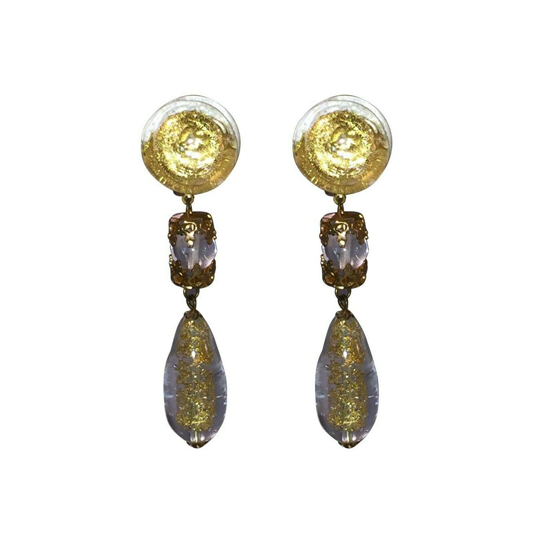 Venetian Art Glass 24 kt Gold Bead Dangle Earrings: Venetian art glass with 24 kt gold foil bead dangle earrings hand made beads with no two exactly a like in the world. Circa 1960's. Earrings measure 3" long by 3/4" wide. Clip on earrings. Great movem