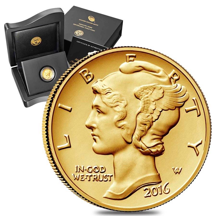 2016 1/10 oz Mercury Dime Centennial Gold Coin: You are bidding on the total lot which includes 1 of the following item: 2016 1/10 oz Mercury Dime Centennial Gold Coin 1916-2016 100th Anniversary (W/Box & COA) Bidhaus is pleased to present the 2016