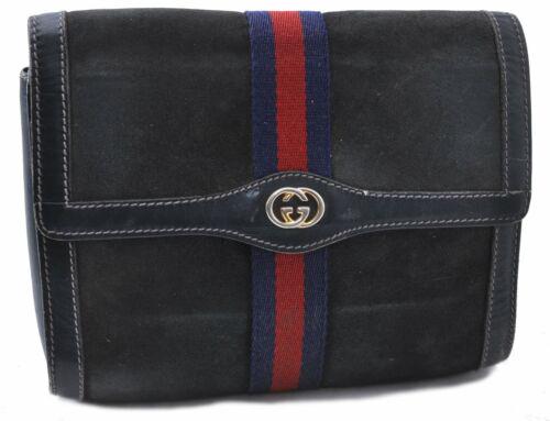 Authentic GUCCI Sherry Line Clutch Bag Suede Leather: Brand: GUCCI Country/Region of Manufacture: Italy Material: Suede Bag Height: 6.1inches(15.5cm) Style: Clutch Bag Bag Depth: 2.4inches(6cm) Color: Blue MPN: Does not apply Department: Women Bag Length