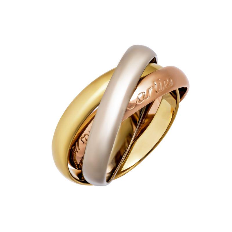 Cartier 18K Yellow White & Rose Gold Le Must De: Cartier 18K Yellow White & Rose Gold Le Must De Cartier Trinity Ring Serial #: O0727D Ring Size: 6.25 Weight: 8.3g Diamond Weight: NA Gemstone: NA Gemstone Weight: NA