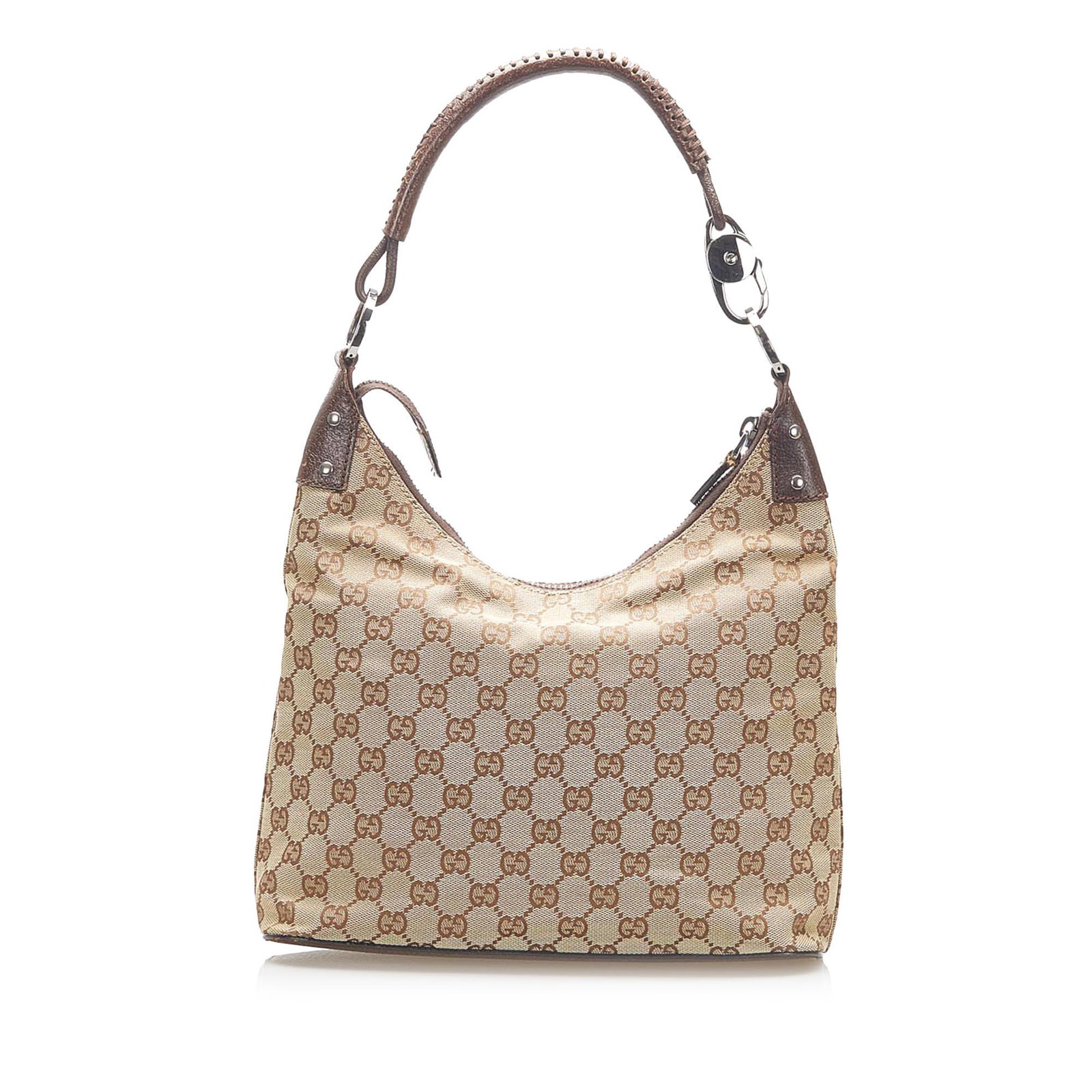 Authentic Gucci GG Canvas Shoulder Bag: This shoulder bag features a canvas body with leather trim a rolled leather strap a top zip closure and an interior zip and slip pockets. Brand: Gucci Model: GG Canvas Shoulder Bag Origin: Italy Categ