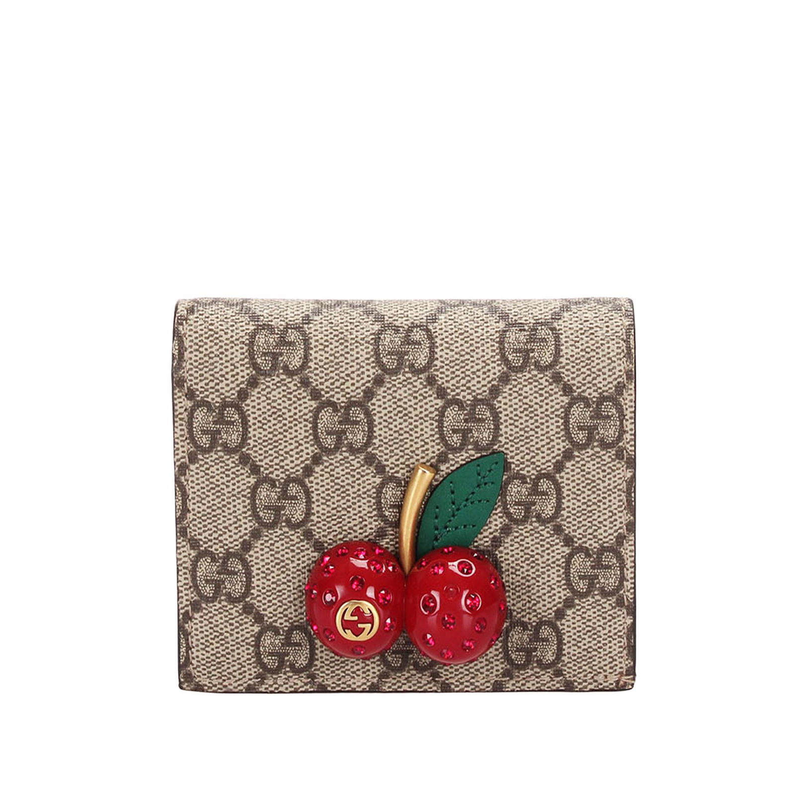Authentic Gucci GG Supreme Cherries Wallet: This wallet features a coated canvas body a cherries detail and an interior slip compartments. Brand: Gucci Model: GG Supreme Cherries Wallet Origin: Italy Category: SLG Color: Brown Style: GG Supreme