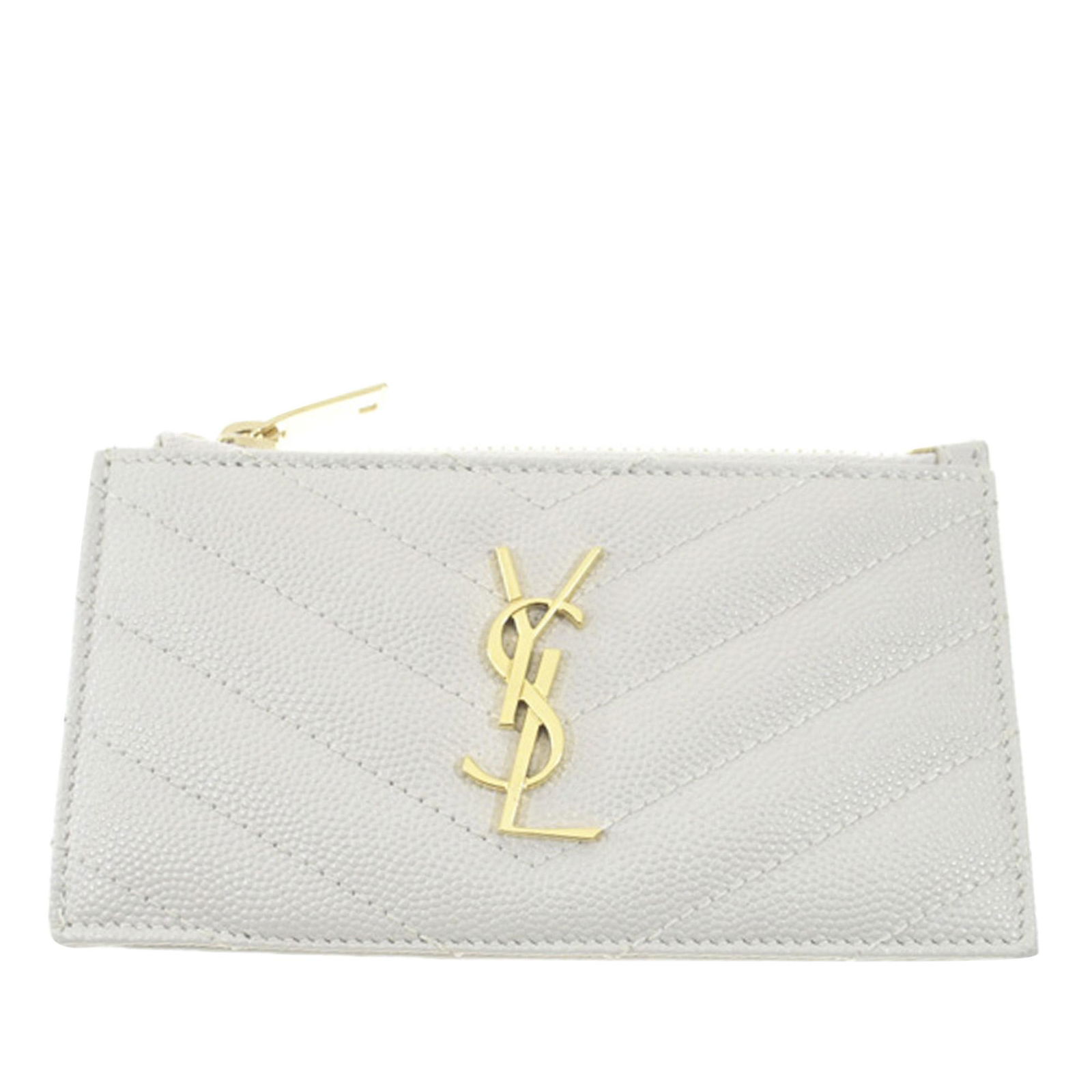 Authentic YSL Leather Card Case: This card holder features a leather body a top zip closure and back exterior pockets. Brand: YSL Model: Leather Card Case Origin: France Category: SLG Color: White Style: Others Material: Leather Cond