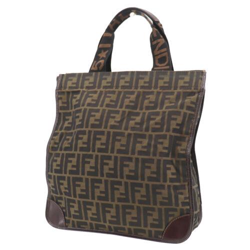 Authentic FENDI Zucca Pattern Hand Tote Bag Brown Black: Size: Medium Closure: Button Accents: Zucca Brand: Fendi Country/Region of Manufacture: Italy Handle/Strap Material: Canvas Leather Department: Women Lining Color: Black Style: Hand Bag Inside Pockets