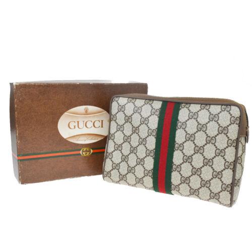 Authentic GUCCI GG Pattern Sherry Clutch Hand Bag PVC: Brand: Gucci Size: Medium Material: Leather PVC Bag Width: 8.7 Style: Clutch Bag Bag Height: 5.9 Color: Brown Bag Depth: 2.8 Department: Women All Bidhaus items come with a 100% money-back authenticit