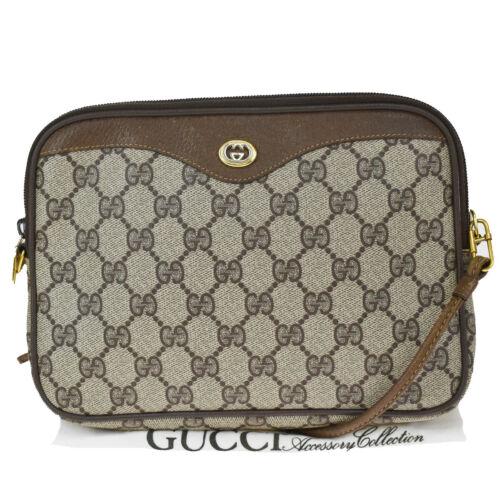 Authentic GUCCI GG Pattern 2Way Shoulder Bag Pouch PVC: Size: Medium Color: Brown Model: GG Pattern Closure: Zip Country/Region of Manufacture: Italy Hardware Material: Gold-Plated Department: Women Occasion: Casual Style: Clutch Shoulder Bag Brand: Gucci 