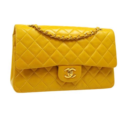 Authentic CHANEL Classic Double Flap Medium Chain: Size: Medium Features: Adjustable Strap Chain Strap Pockets Accents: Lock Quilted Color: Yellow Model: Classic Double Flap Medium MPN: Does Not Apply Country/Region of Manufacture: France Closure: Fla