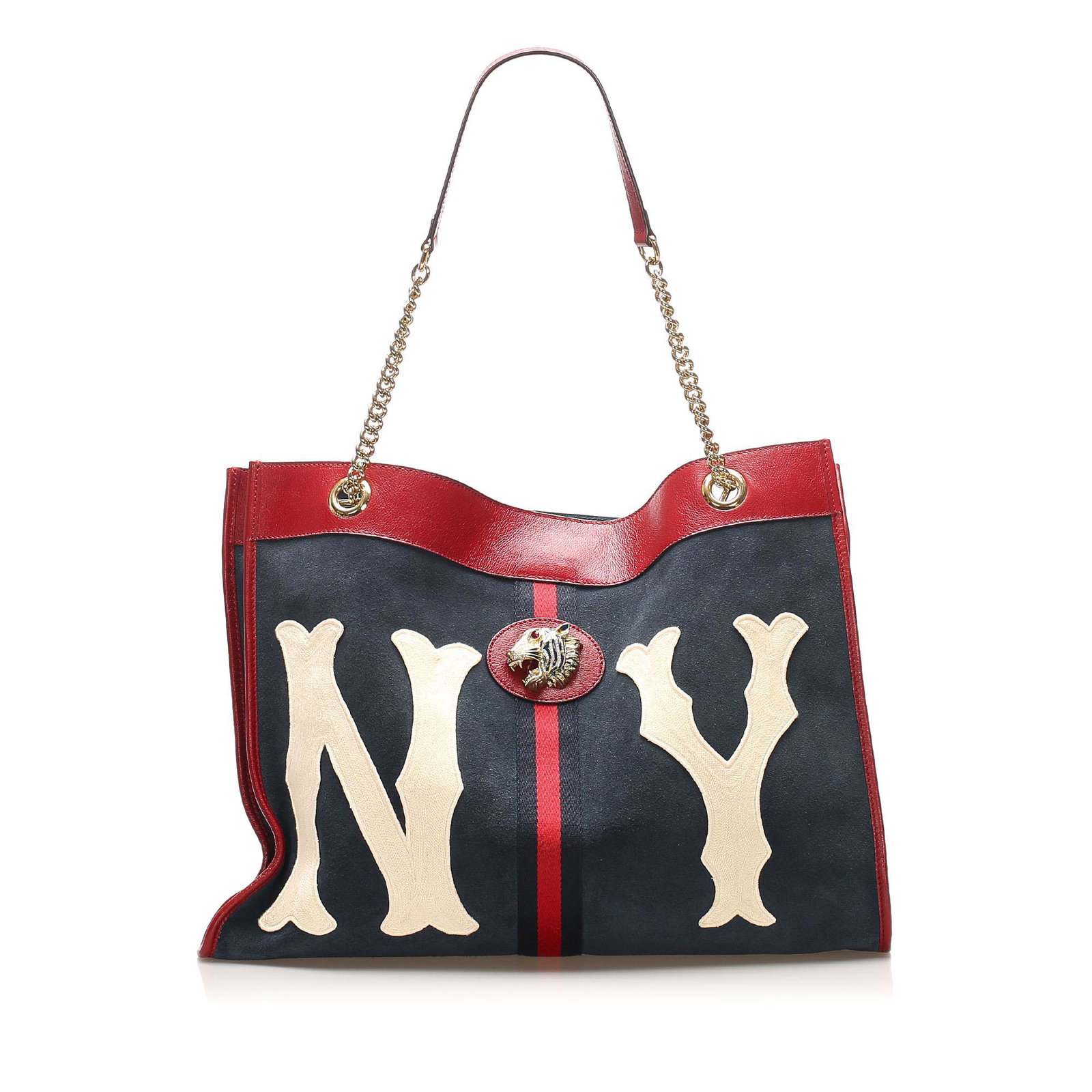 Authentic Gucci Large NY Yankees Rajah Suede Tote Bag: This tote bag features a suede body with leather trim and a gold-tone tiger head detail curb chain straps an open top with a magnetic closure and an interior zip pouch. Brand: Gucci Model: Large NY Ya