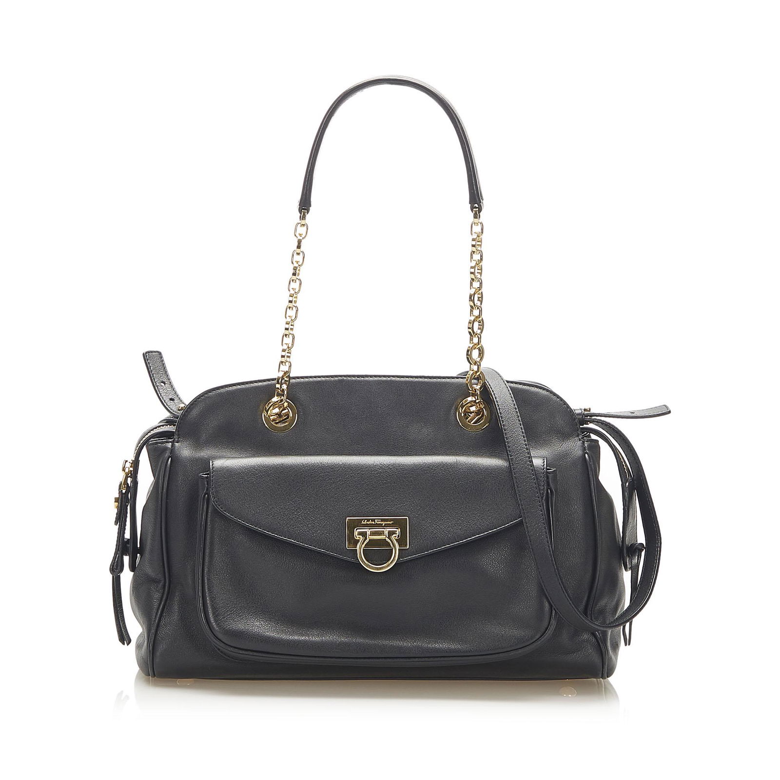 Authentic Ferragamo Gancini Leather Shoulder Bag: This shoulder bag features a leather body an exterior front flap pocket flat leather and chain straps and a top zip closure. Brand: Ferragamo Model: Gancini Leather Shoulder Bag Origin: Italy Category