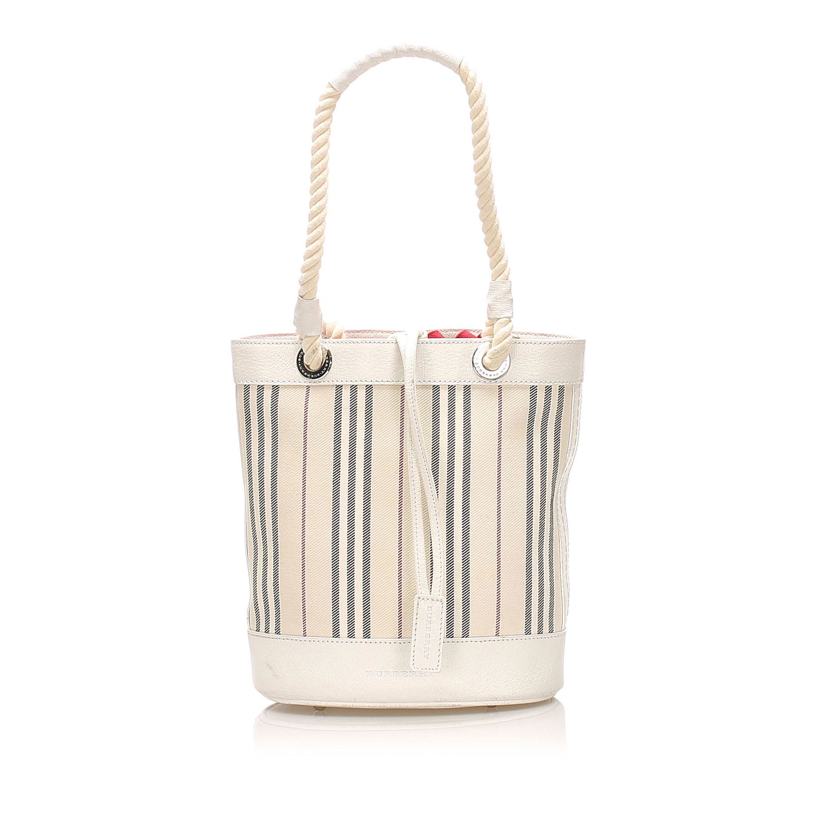 Authentic Burberry Stripes Canvas Handbag: This handbag features a canvas body with leather trim rope handles a drawstring closure and interior zip and slip pockets. Brand: Burberry Model: Stripes Canvas Handbag Origin: United Kingdom Category