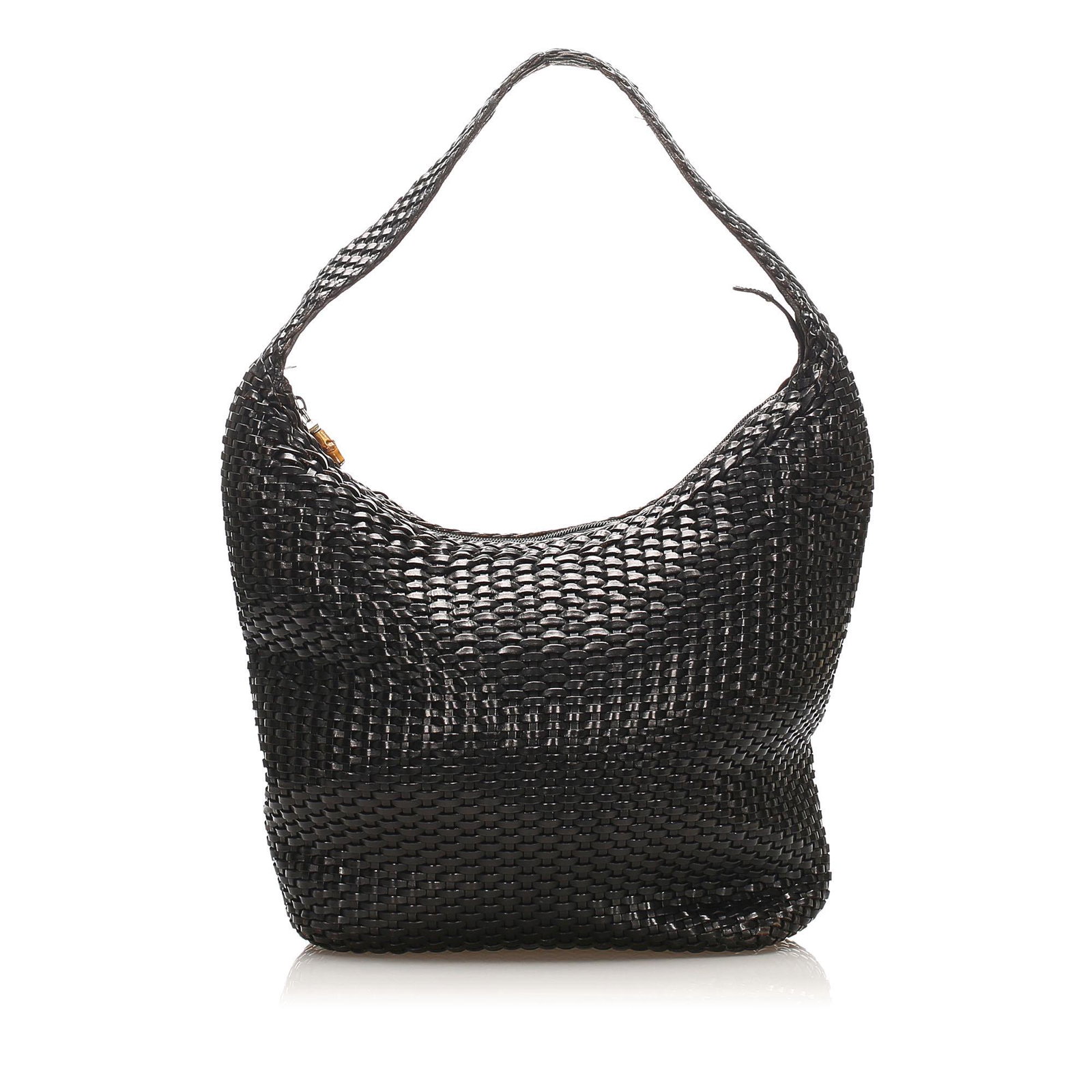 Authentic Gucci Woven Leather Shoulder Bag: This shoulder bag features a woven leather body a flat strap a top zip closure and an interior zip pocket. Brand: Gucci Model: Woven Leather Shoulder Bag Origin: Italy Category: Bags Color: Black Styl