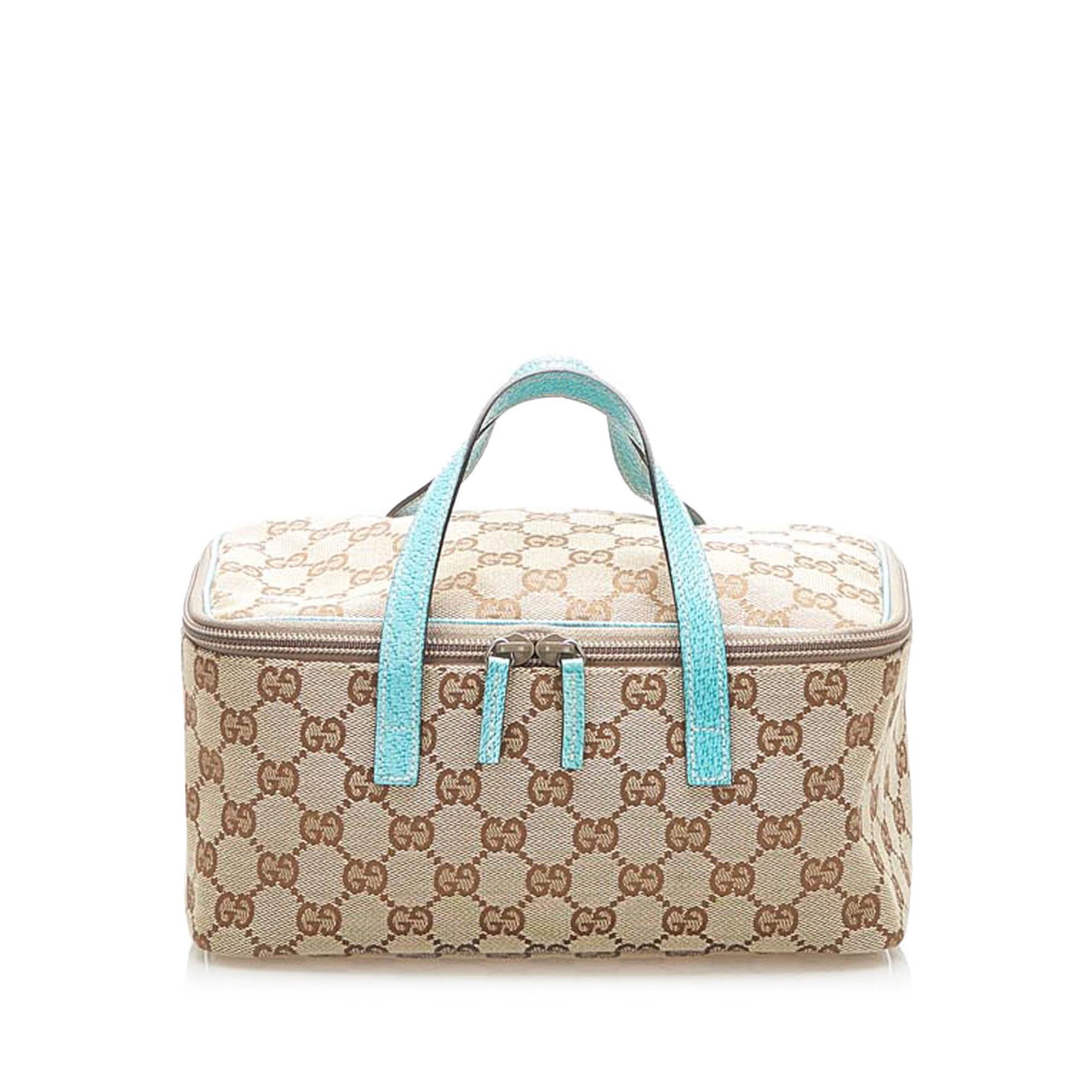 Authentic Gucci GG Jacquard Vanity Bag: This vanity bag features a jacquard body a flat leather top handle a wraparound zip closure and an interior slip pocket. Brand: Gucci Model: GG Jacquard Vanity Bag Origin: Italy Category: Bags Color: 