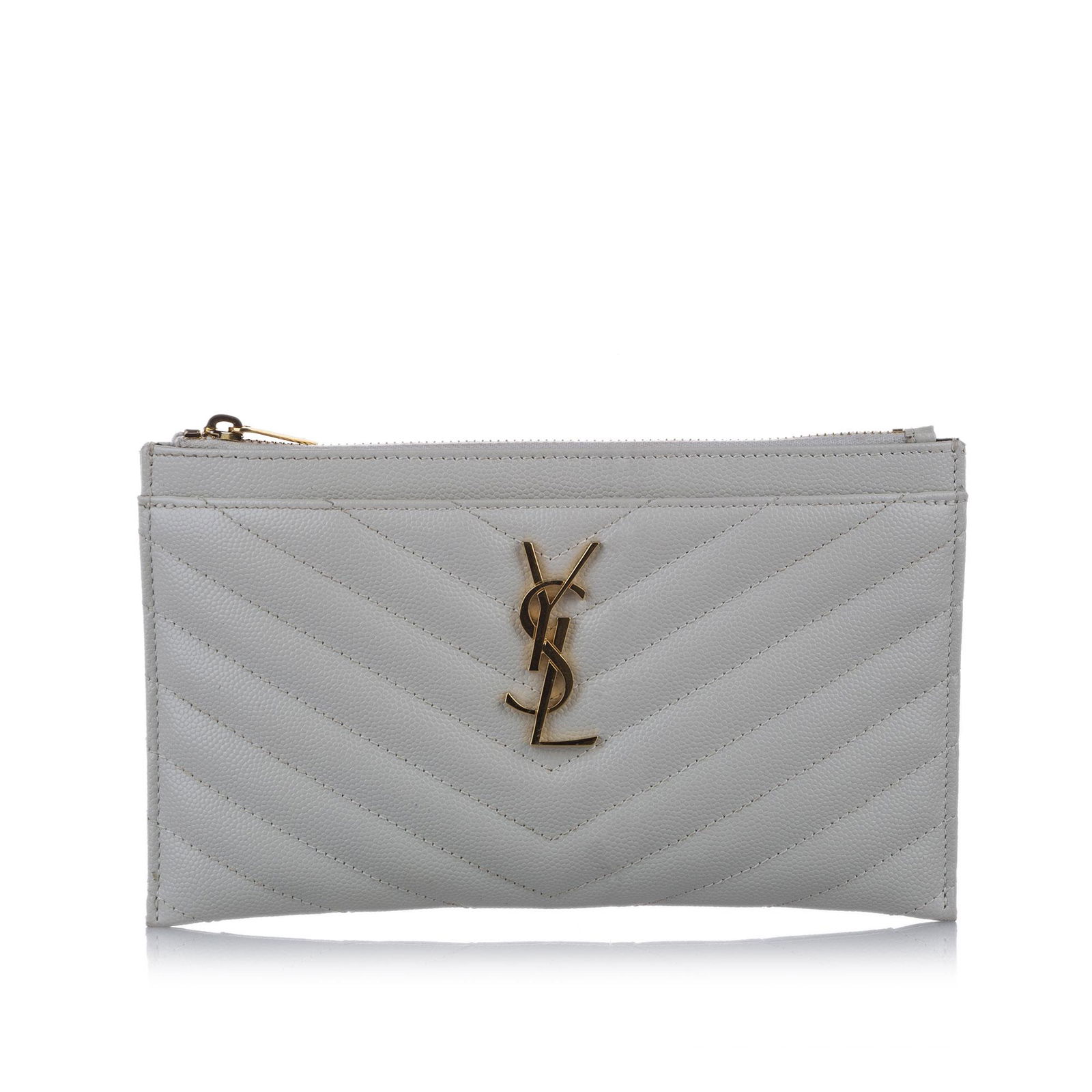 Authentic YSL Monogram Bill Leather Pouch: This pouch features a quilted leather body a front exterior slip pocket and a top zip closure. Brand: YSL Model: Monogram Bill Leather Pouch Origin: ITALY Category: SLG Color: White Style: Chevron Mat