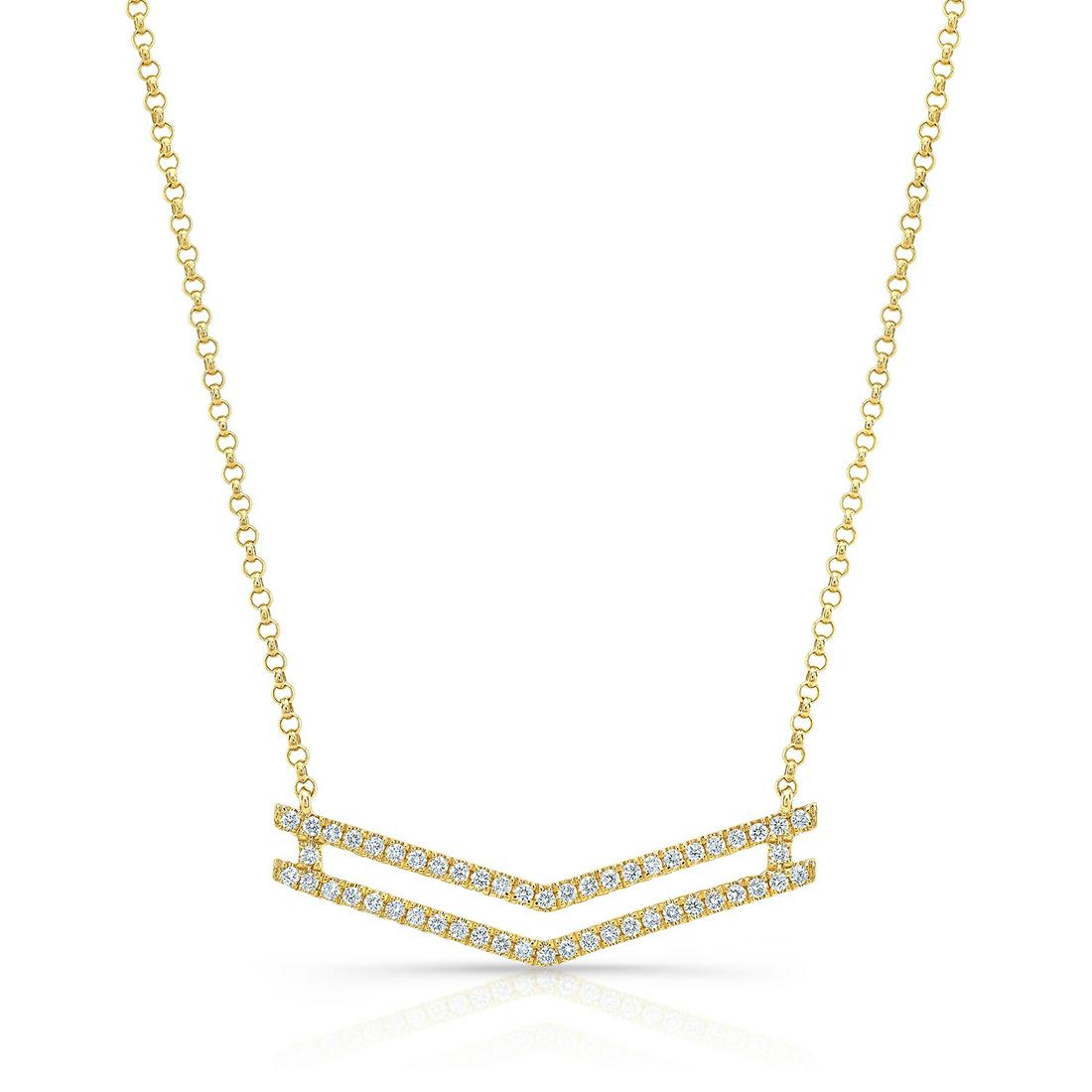 Diamond Micro-prong Set Double Chevron Necklace In 14k: Trendy Double Chevron Necklace Features 0.33ctw Of Round Brilliant Diamonds Expertly Set In 14 Karat Yellow Gold 14k Yellow Gold Necklace With 52 Round Brilliant Diamonds Weighing 0.33ctw, 18-inch Len