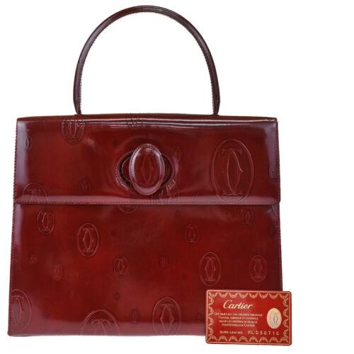 Authentic Must De CARTIER Happy Birthday 2C Logo Turn: Size: Medium Color: Bordeaux Country/Region of Manufacture: France Closure: Turn Lock Department: Women Occasion: Casual Style: Hand Bag Brand: Cartier Handle Style: Top Handle Bag Depth: 3.9 Bag Heig