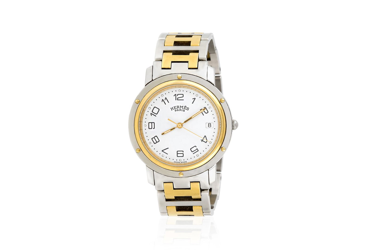 Authentic Hermes Stainless Steel Clipper Yellow Gold: Hermes man stainless steel clipper yellow gold watch white dial Date display at the 3 o'clock position All Bidhaus items come with a 100% money-back authenticity guarantee. ALL SALES ARE FINAL. Please