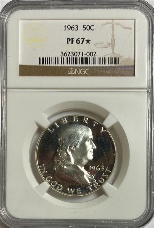 Ben Franklin: Ben Franklin Date: 1963 Cert: NGC Grade: PR-67* Mint: None Denomination: $0.5 Notes:None All Bidhaus items come with a 100% money-back authenticity guarantee. ALL SALES ARE FINAL. Please refer to imag