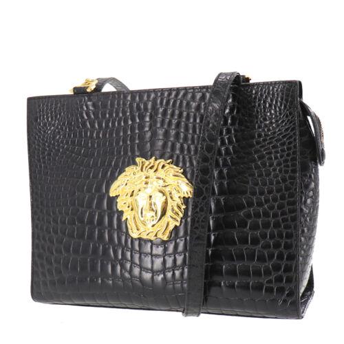 Authentic GIANNI VERSACE Shoulder Tote Bag Black Gold: Size: Medium Handle/Strap Material: Leather Style: Shoulder Bag Lining Color: Black Bag Height: 8.6 Inside Pockets: 1 Material: Leather Outside Pockets: 0 Color: Black Bag Length: 11.0 Closure: Zip Li