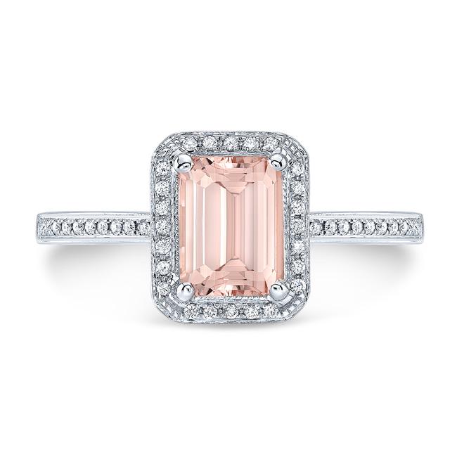 Morganite And Diamond Emerald-cut Halo Ring In 14k: Classic Emerald-cut Halo Ring Features A 1.50 Carat Morganite Center Accented By 0.25 Carats Of Round Brilliant Diamonds Set In 14 Karat White Gold 14k White Gold Ring With 1 Emerald Cut Morganite At 