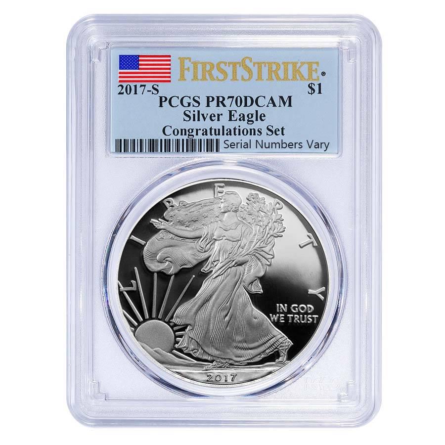 2017-S 1 oz Proof Silver American Eagle Congratulations: You are bidding on the total lot which includes 1 of the following item: 2017-S 1 oz Proof Silver American Eagle PCGS PF 70 DCAM First Strike 2017 celebrates the 31st release of the American Eagle ser