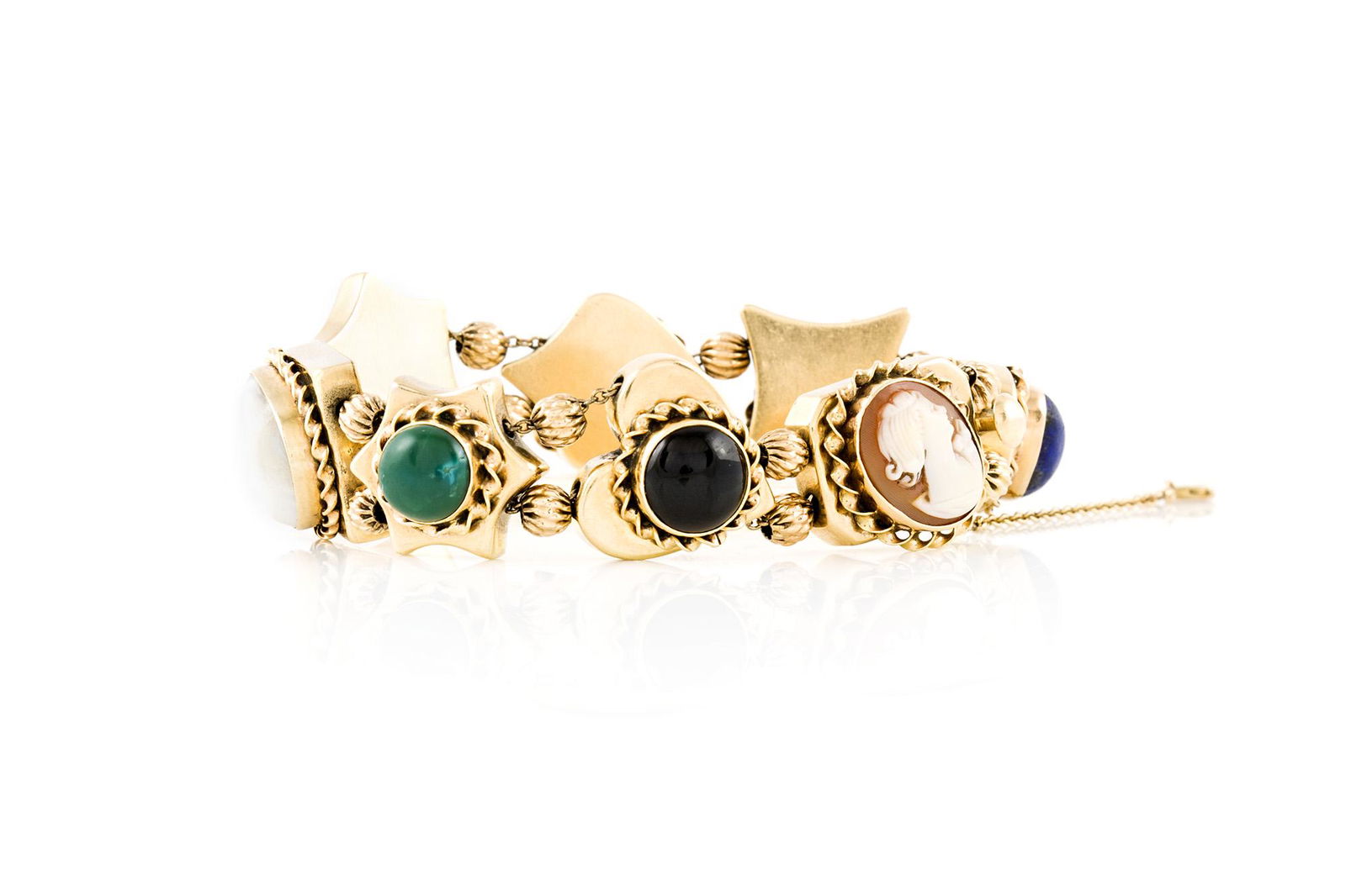 Authentic Vintage Slide Charm Bracelet: Vintage 7 inches bracelet finely crafted in 14k yellow gold with 8 gemstone slide charms. Circa 1950's. All Bidhaus items come with a 100% money-back authenticity guarantee. ALL SALES ARE FINAL. Pleas
