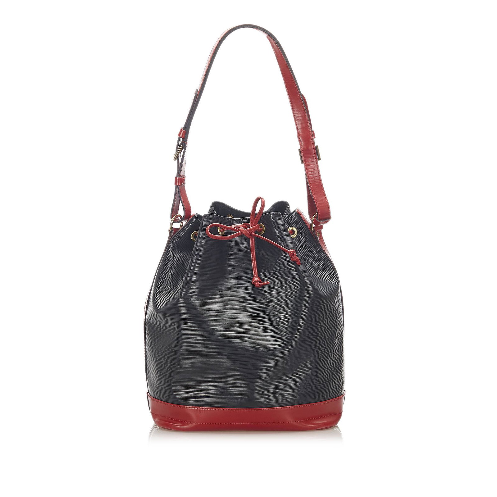 Authentic Louis Vuitton Epi Bicolor Petit Noe: The Noe features a bicolor epi leather body an adjustable shoulder strap and a top drawstring closure. Brand: Louis Vuitton Model: Epi Bicolor Petit Noe Origin: France Category: Bags Color: Black Styl