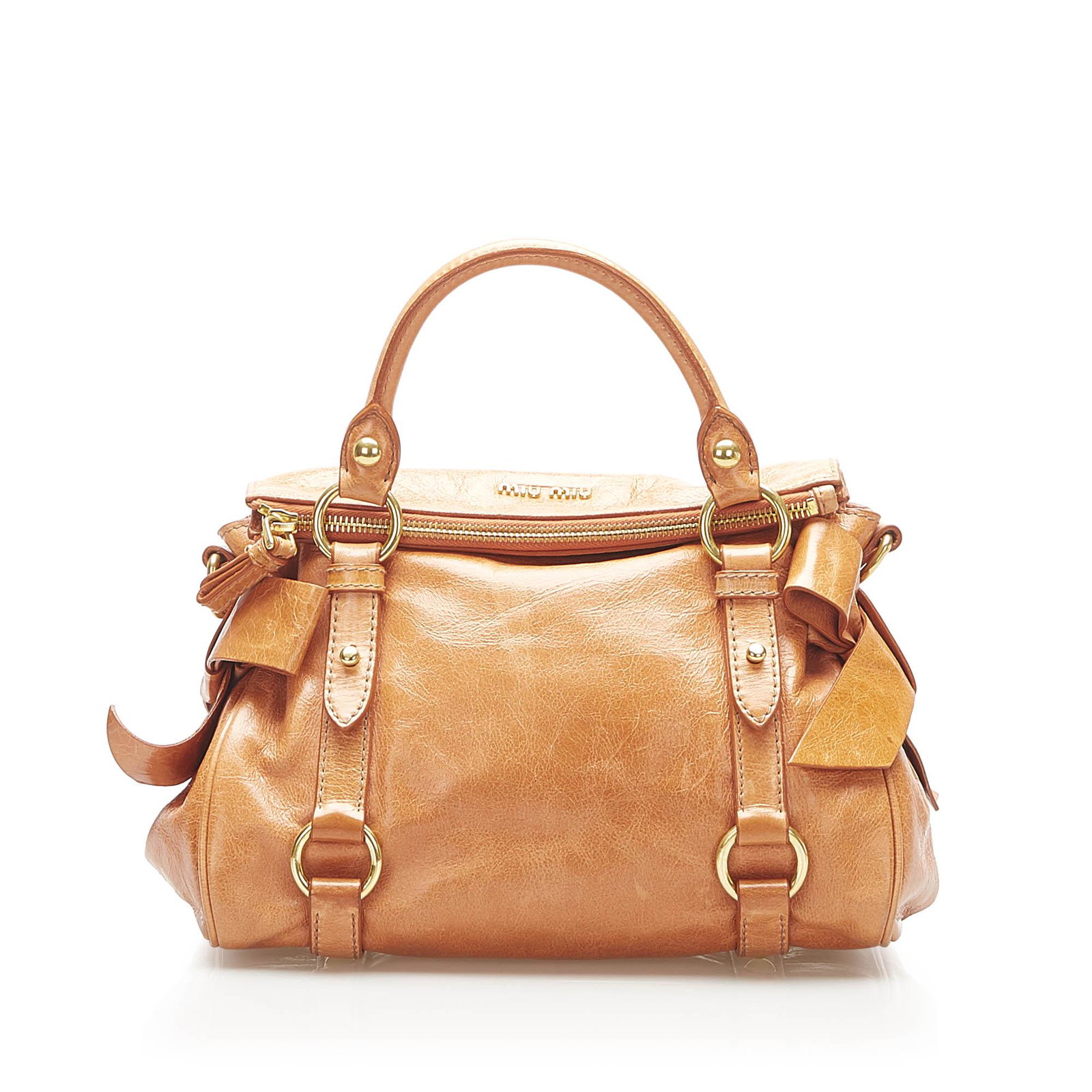 Authentic Miu Miu Vitello Lux Bow Satchel: The Bow satchel features a leather body side bow details rolled leather handles a detachable flat leather strap a top zip closure and an interior zip and slip pockets. Brand: Miu Miu Model: Vitello Lu