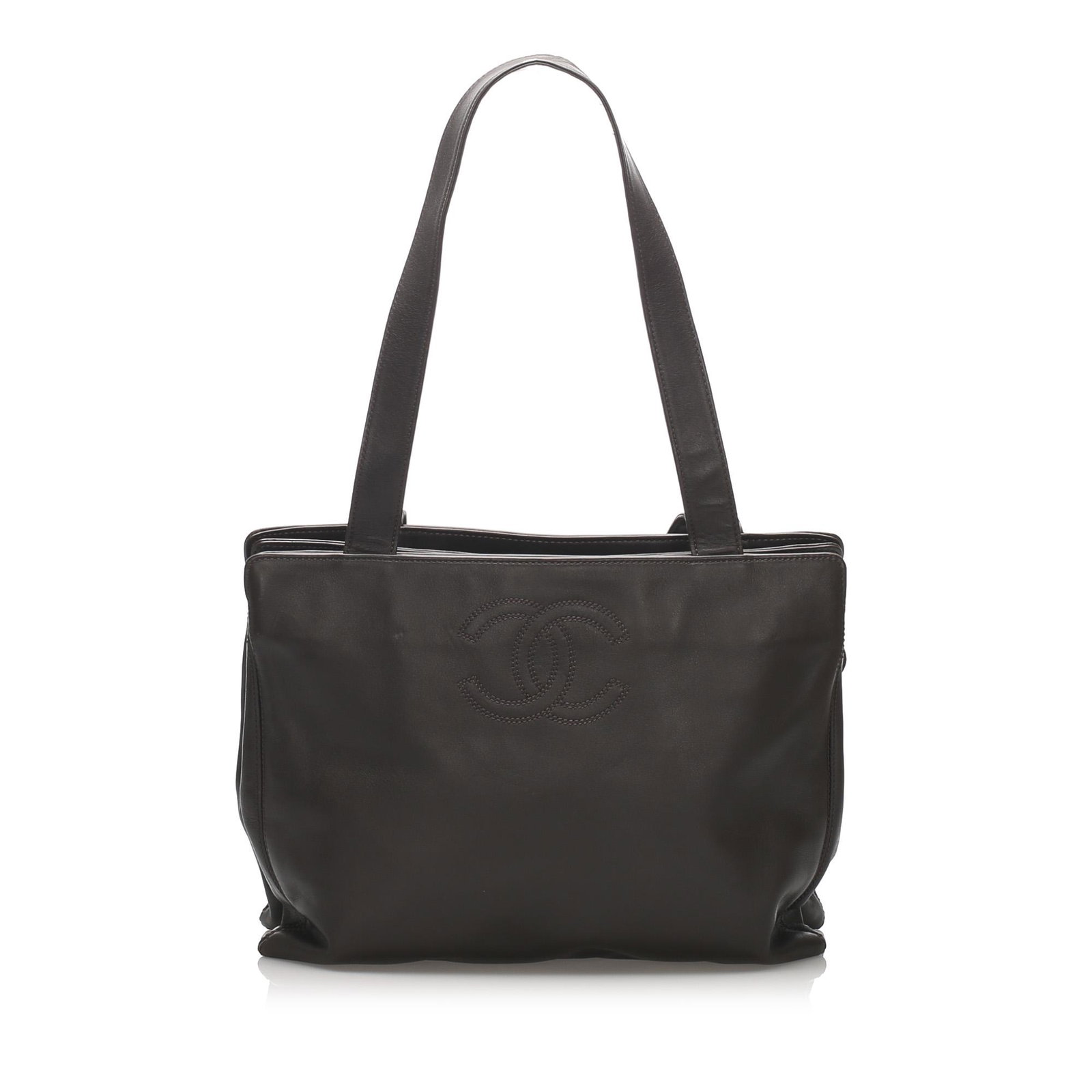 Authentic Chanel CC Lambskin Leather Tote Bag: This tote bag features a lambskin leather body a back exterior zip pocket flat leather straps an open top an interior zip compartment and interior slip pockets. Brand: Chanel Model: CC Lambskin Leathe