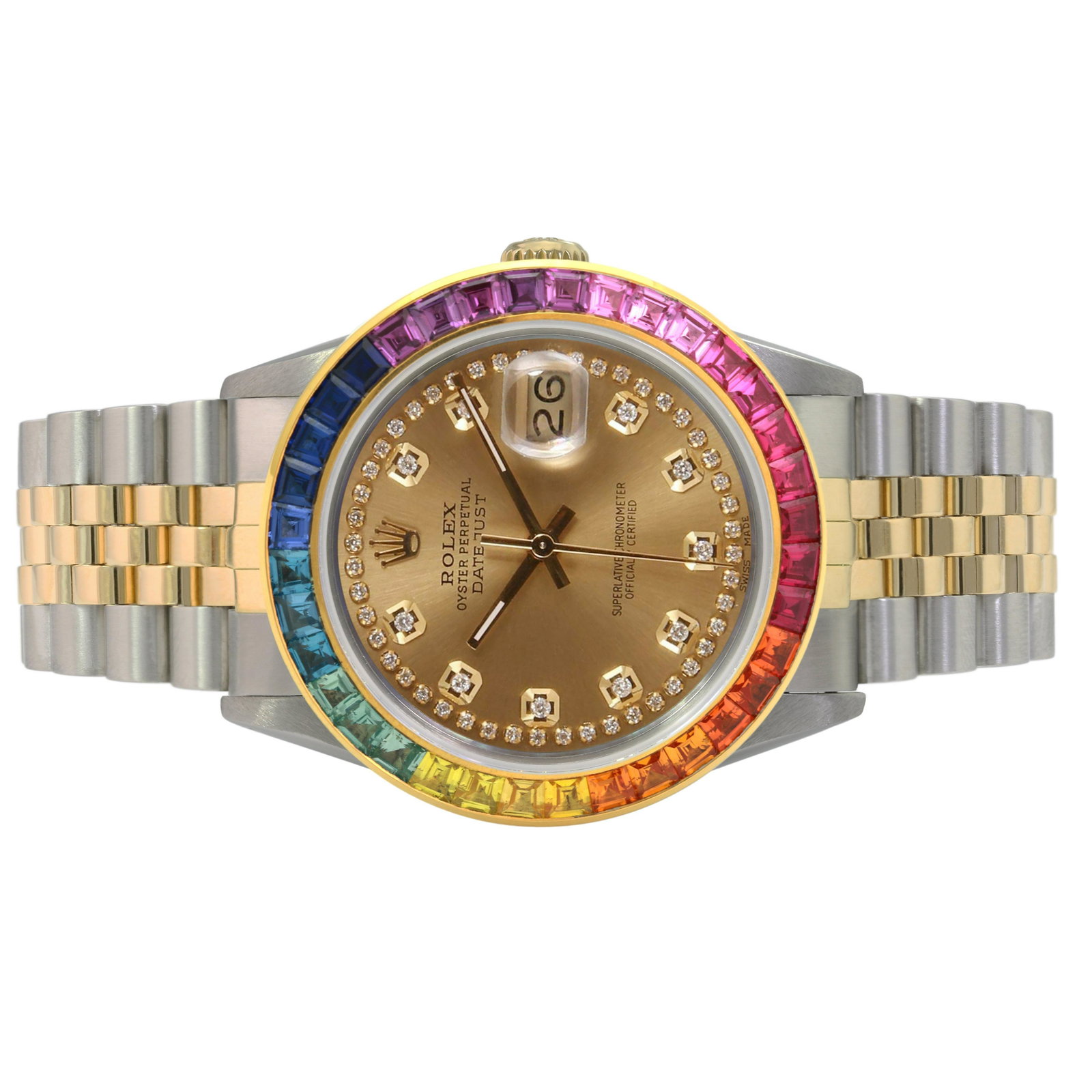 Authentic Rolex Datejust 36mm Jubilee: Details Brand: Rolex Condition: Pre-owned Excellent Model: Datejust Specifications Case Diameter: 36mm Case Material: Stainless Steel Gender: Mens / Unisex Dial: Custom Dial Color: Champag