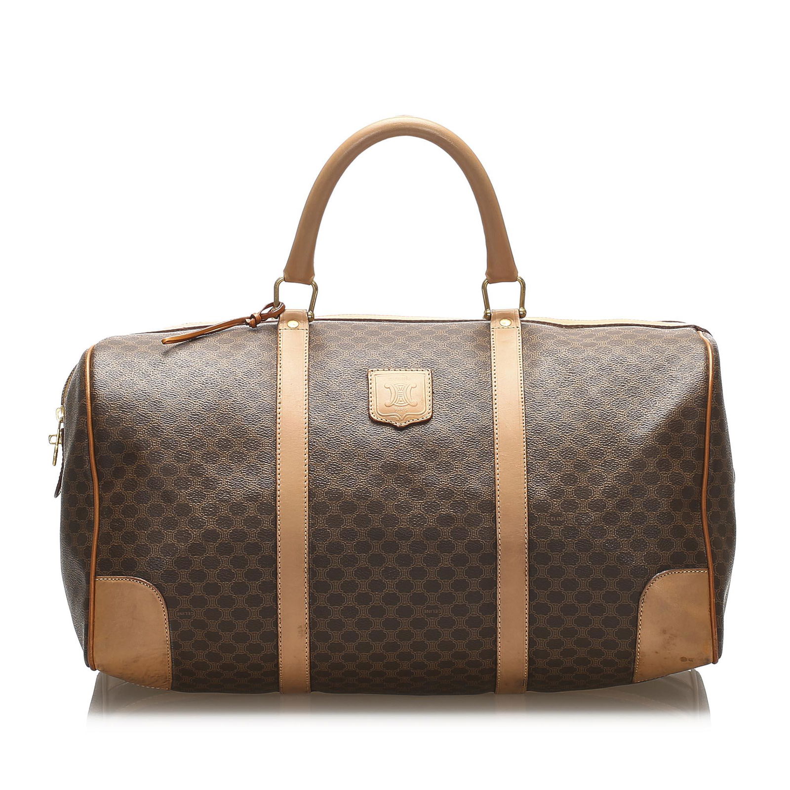 Authentic Celine Macadam Travel Bag: This travel bag features a pvc body rolled leather handles top zip closure and an interior zip pocket. Brand: Celine Model: Macadam Travel Bag Origin: France Category: Bags Color: Brown Style: Macadam